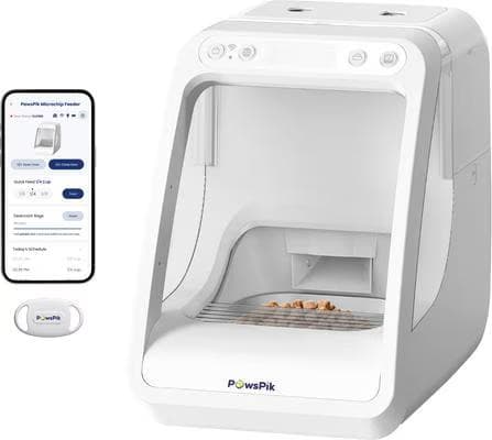 PawsPik white automatic microchip RFID cat feeder with app and collar tag