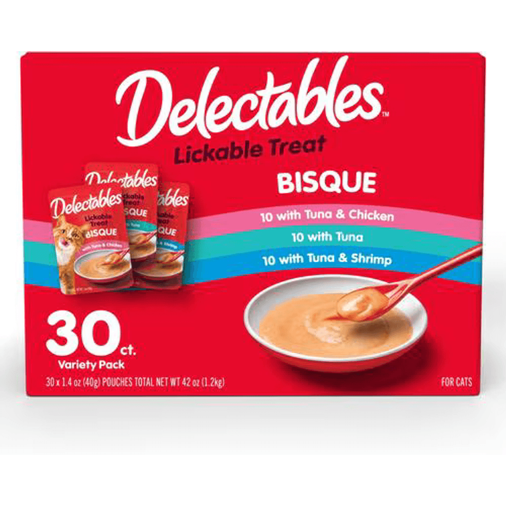 Delectables Lickable Treat Bisque variety pack box for cats, 30 count