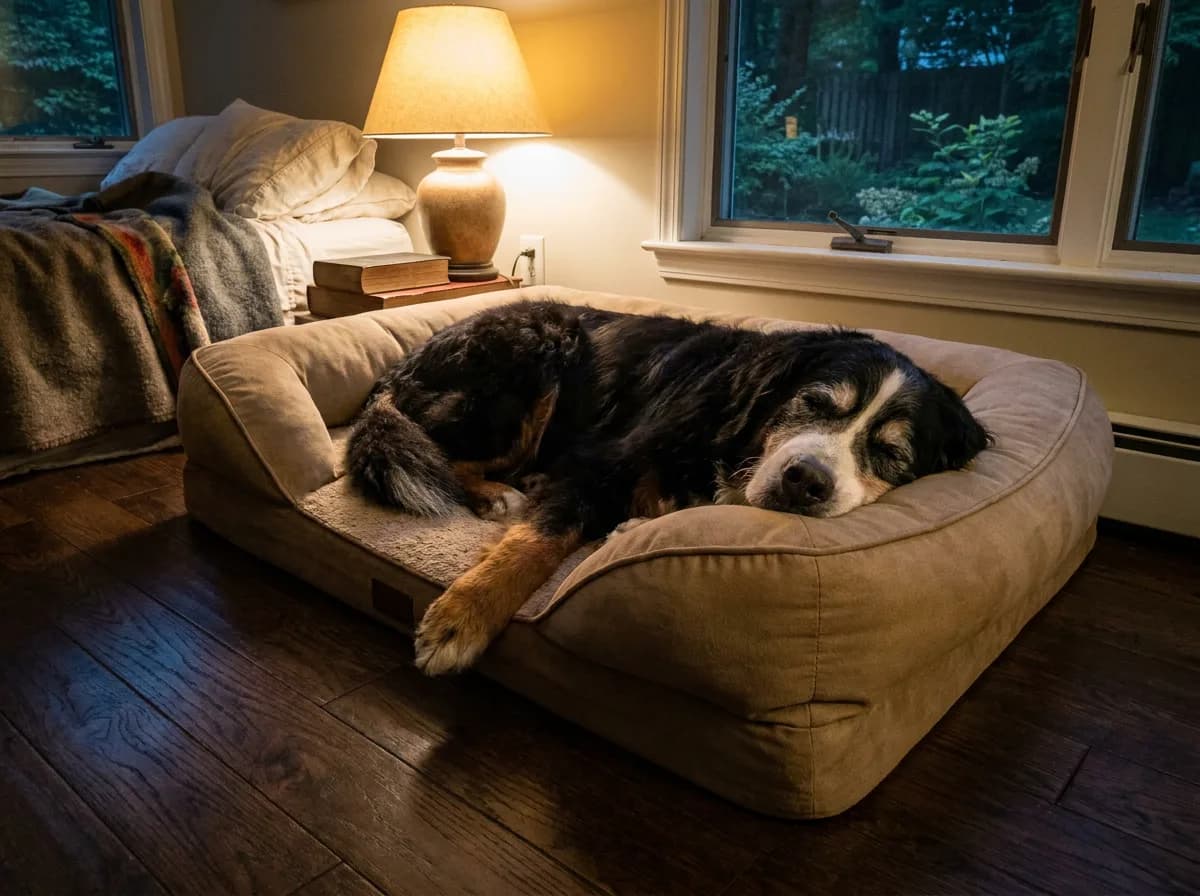 Senior Bernese mountain dog asleep in a large tan bolster bed on a bedroom hardwood floor beside a lit lamp