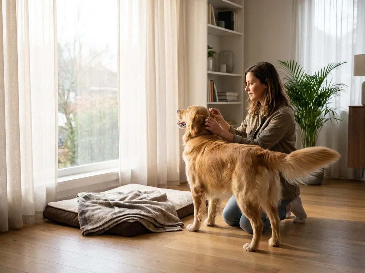 Owner kneeling beside a golden retriever near a dog bed and bright living-room window.