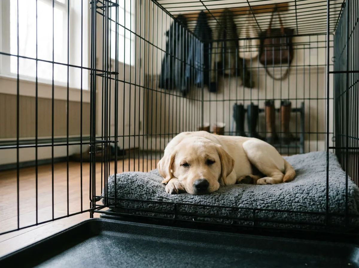 Yellow Labrador puppy resting on a gray pad inside an open black wire crate in a mudroom