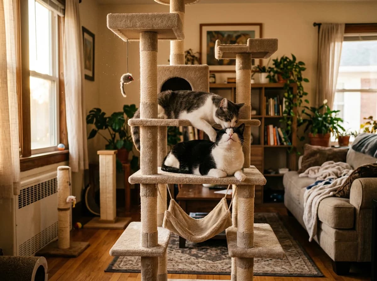 A grey and white cat on a carpeted cat tree platform grooming the head of a black and white cat resting below it