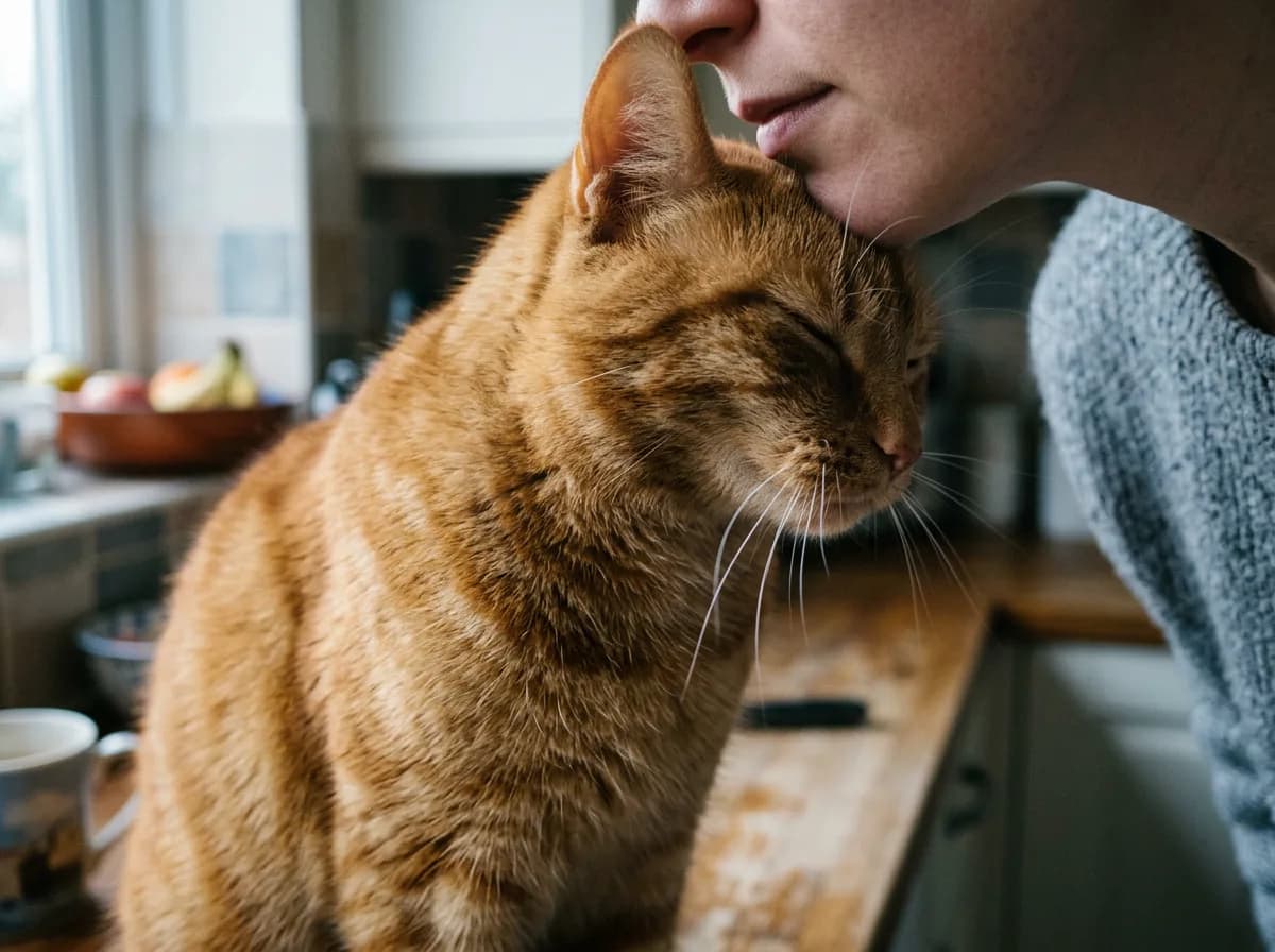 An orange tabby cat pressing the top of its head into a person's chin with its eyes closed in a kitchen