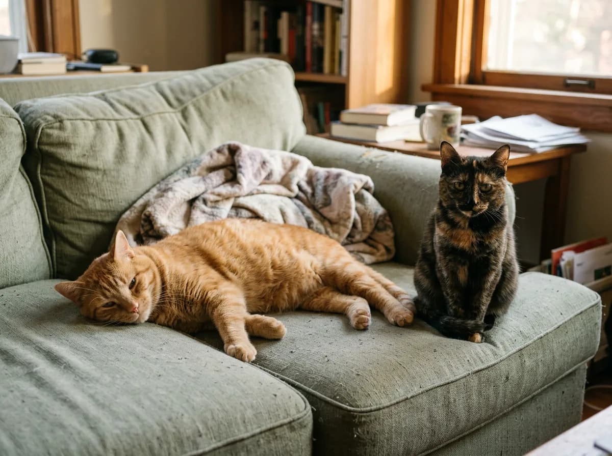 An orange tabby cat lying stretched out on its side on a green sofa beside a tortoiseshell cat sitting upright and compact with its paws tucked