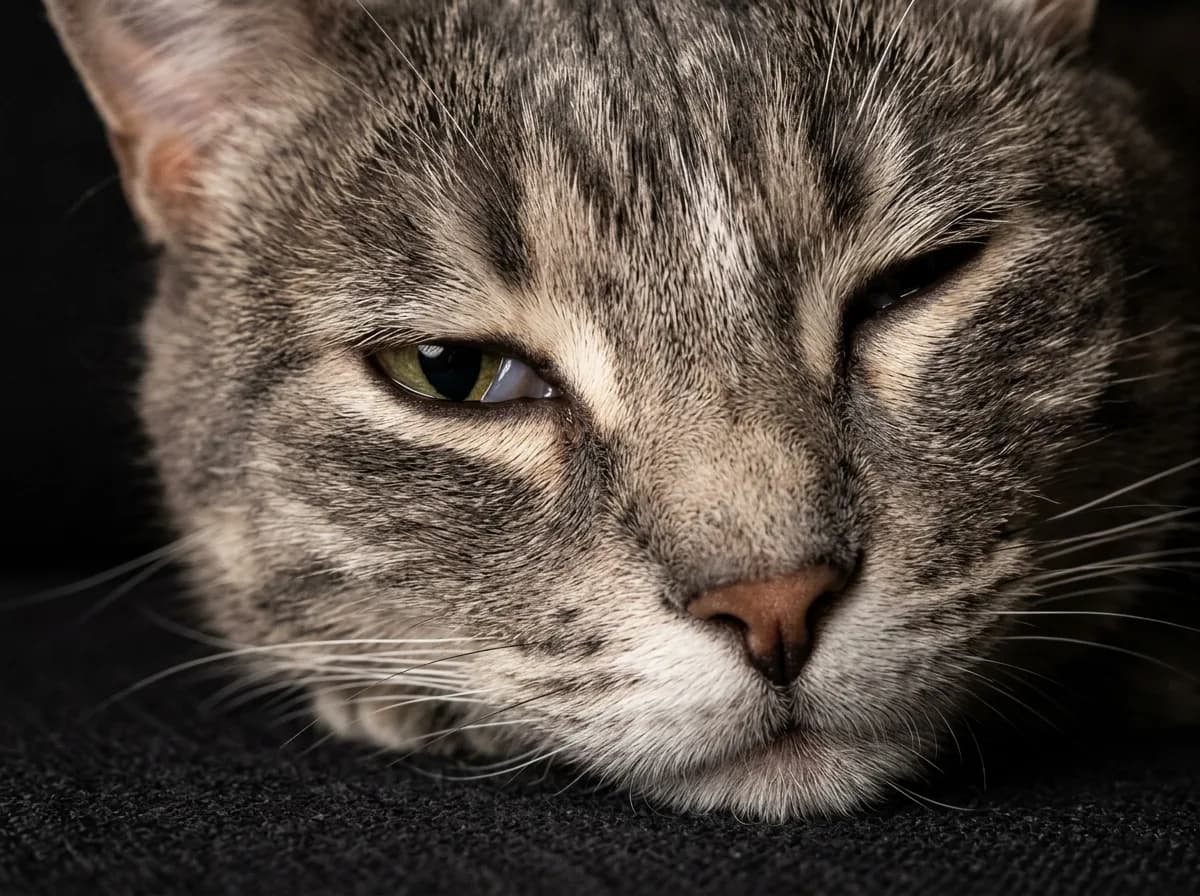 Close-up of a grey tabby cat resting on a dark surface with its eyes relaxed and half closed