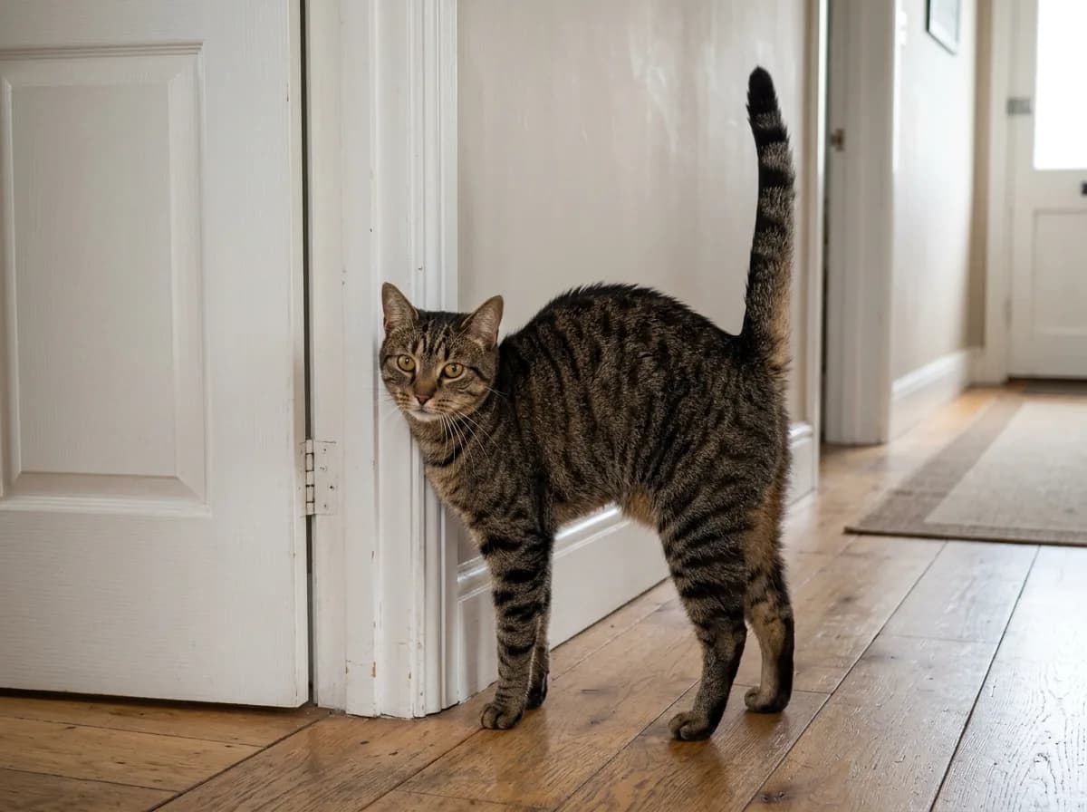 A brown tabby cat standing backed up against a white door frame with its tail held straight up, looking back over its shoulder
