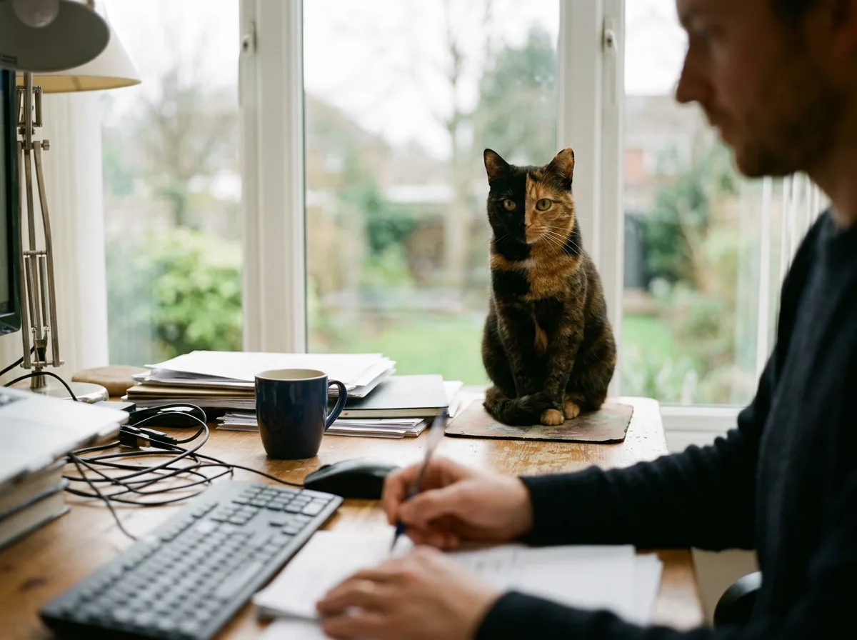 A tortoiseshell cat sitting upright at the far end of a home office desk watching a person work