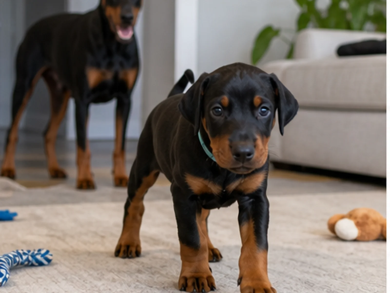 healthy Doberman puppy exploring a safe home with its dam visible in the background