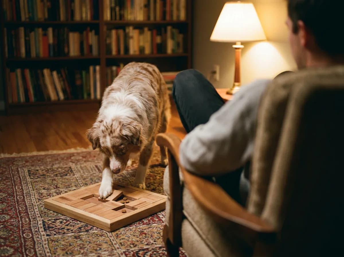 Red merle Australian shepherd pawing a wooden sliding-tile puzzle board on a patterned rug in a lamp-lit living room while its owner watches