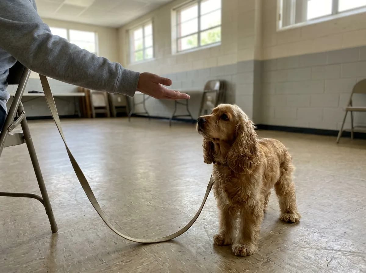 Cocker spaniel looking toward a handler's open hand in a spacious training room.