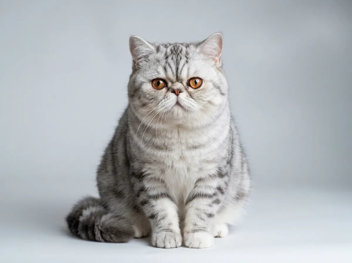 Healthy adult Exotic Shorthair with a balanced muzzle resting upright on a bright home window seat