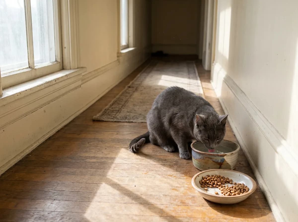 Gray shorthair cat drinking from a ceramic water bowl beside a half-eaten bowl of kibble in a sunlit hallway