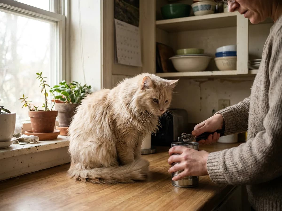 Longhaired cream cat watching intently as a can of tuna is opened on a kitchen counter