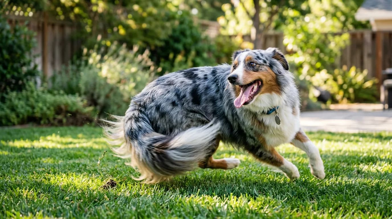 Blue merle Australian shepherd spinning in a circle chasing its tail on a green lawn