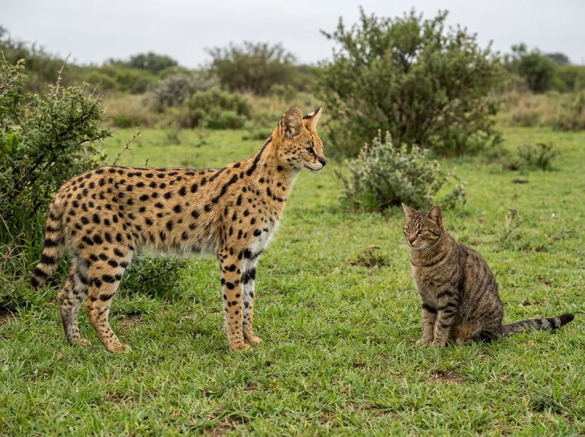 An adult serval standing in a grassy field next to a brown tabby house cat, the serval noticeably taller and longer-legged