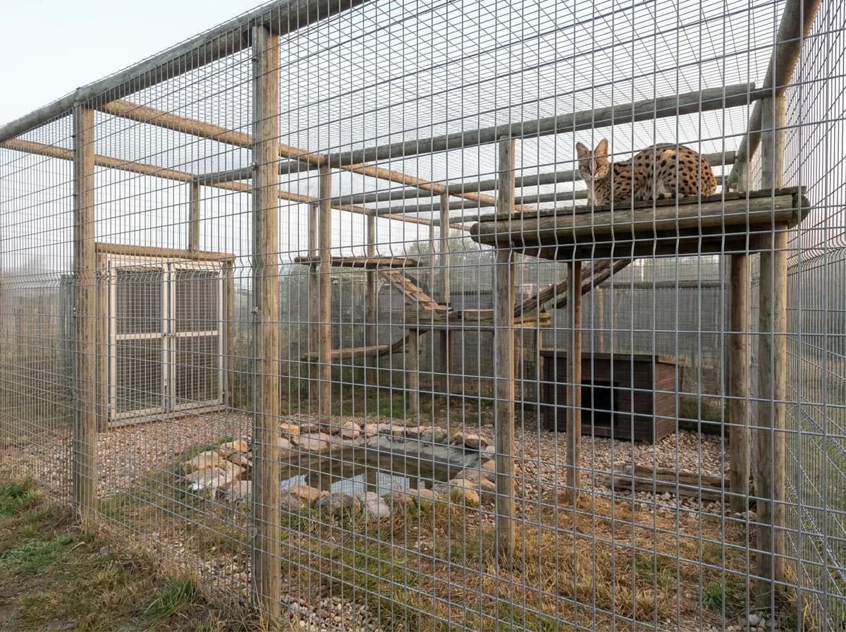 A serval resting on a high wooden platform inside a large wire-mesh enclosure with a covered roof, shallow pool, den box and double-door entry