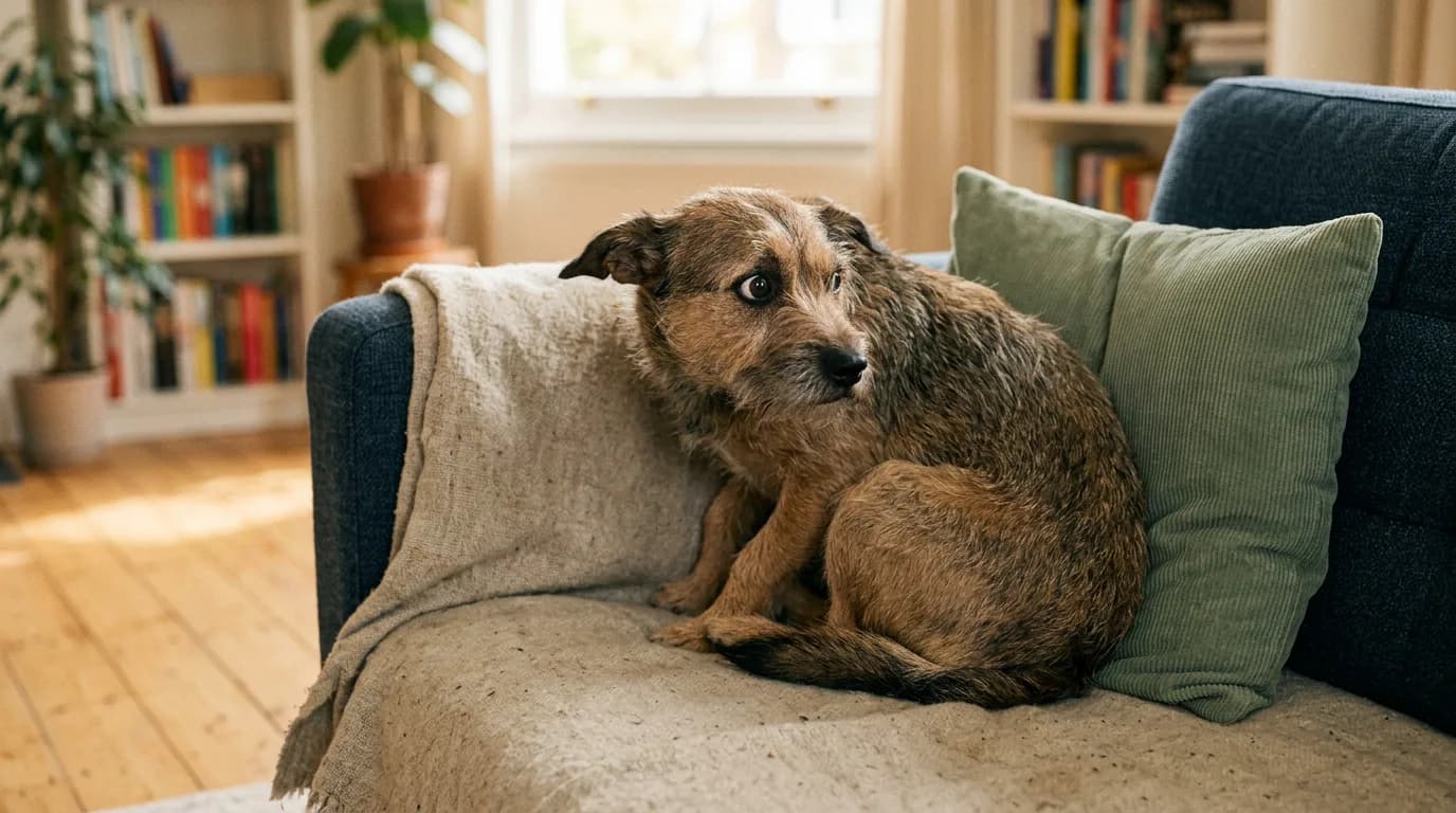 Dog showing stress signals: whale eye, pinned ears, tucked tail