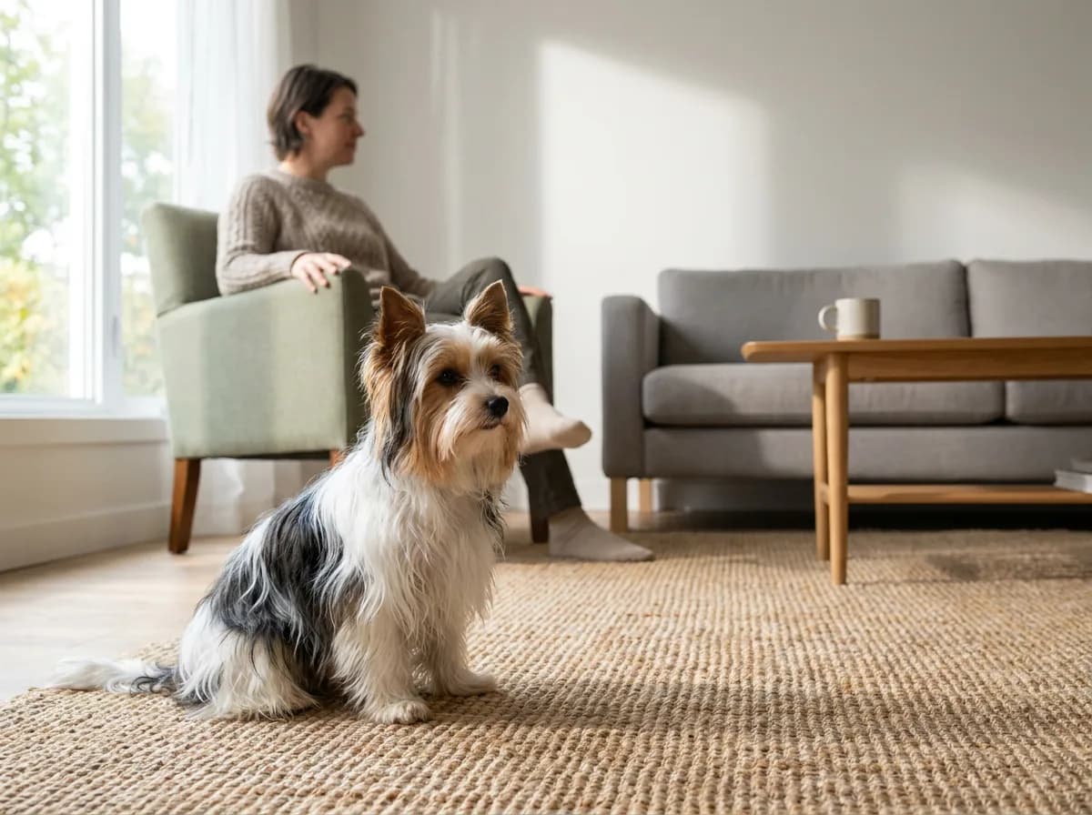 Biewer Terrier sitting on a rug while an adult rests in a nearby chair