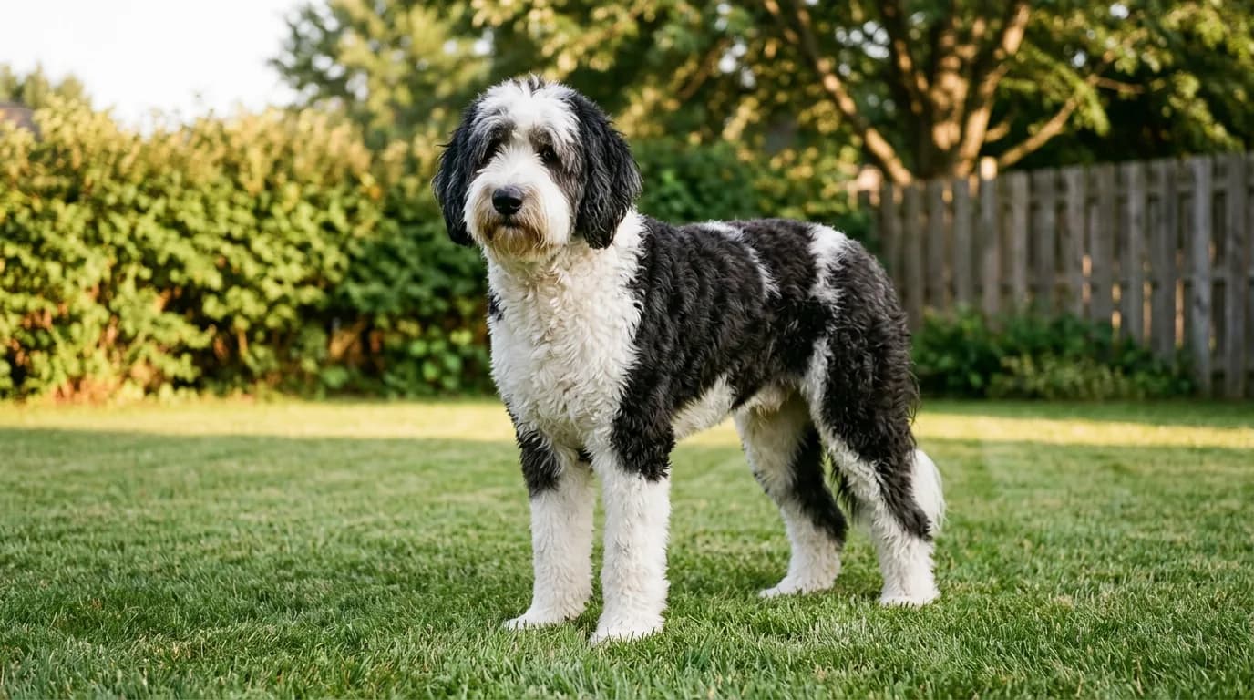 Black and white shaggy Sheepadoodle standing alert on a sunlit suburban back lawn