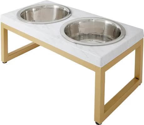 Frisco marble-print stainless steel double elevated dog bowl on a gold stand