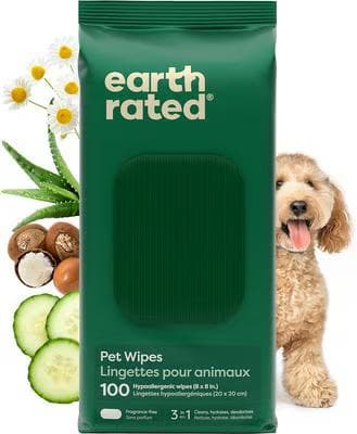 Earth Rated Thick Hypoallergenic 3-in-1 Dog Grooming Wipes pack, 100 count