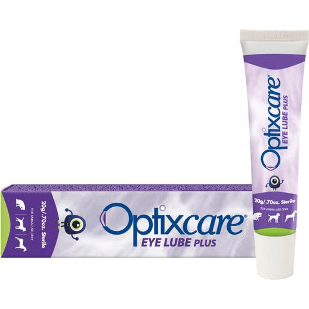 Optixcare Eye Lube Plus lubricating gel tube for dogs and cats, purple and white packaging