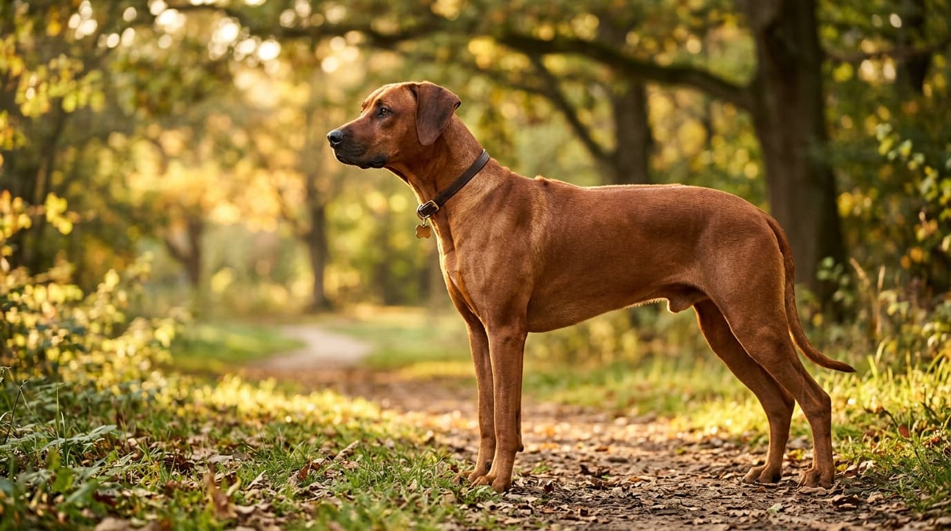 Adult red wheaten Rhodesian Ridgeback standing in profile with healthy coat and the distinctive ridge of fur visible along the spine