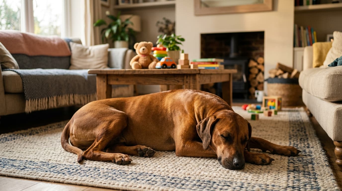 Adult Rhodesian Ridgeback lying contentedly in a warm family living room setting