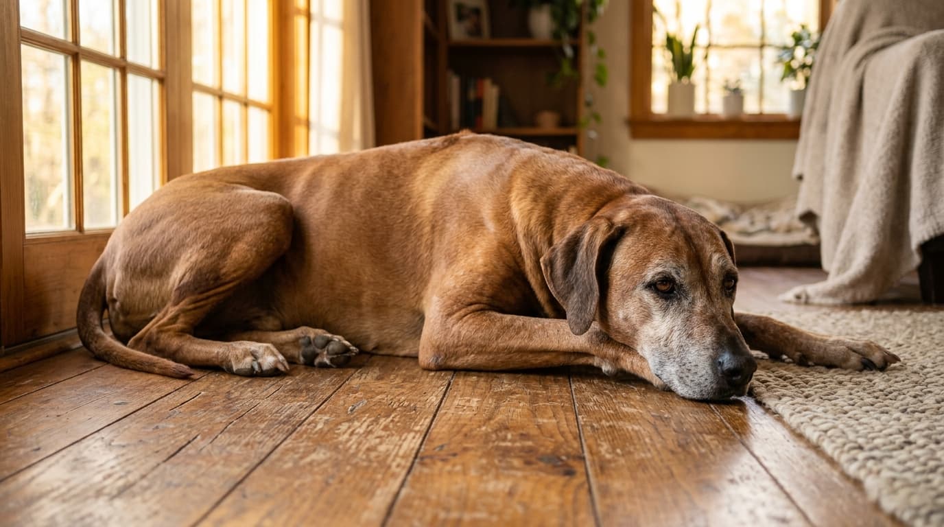 Senior Rhodesian Ridgeback dog with gray muzzle resting calmly near a sunny window, dignified expression