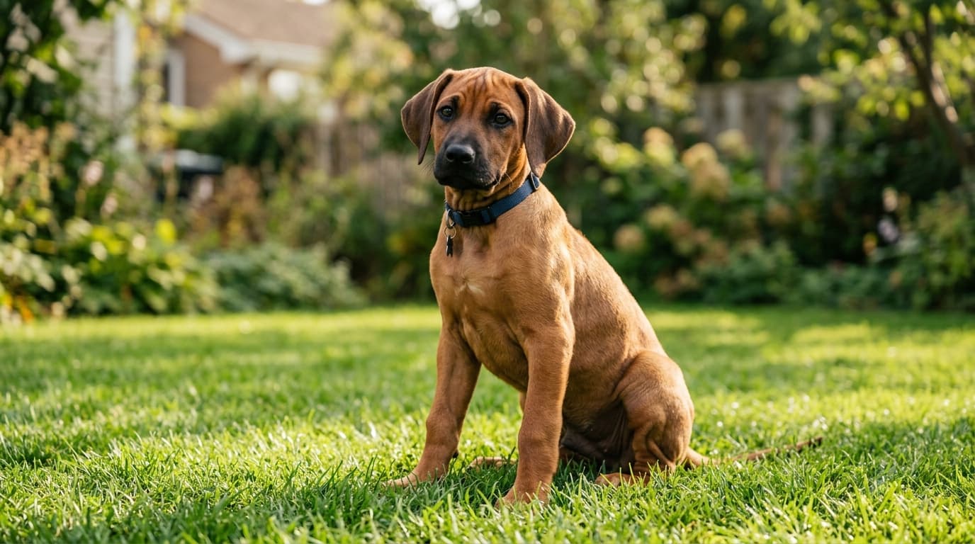 Wheaten Rhodesian Ridgeback puppy sitting on green grass with the distinctive ridge of fur visible along the back
