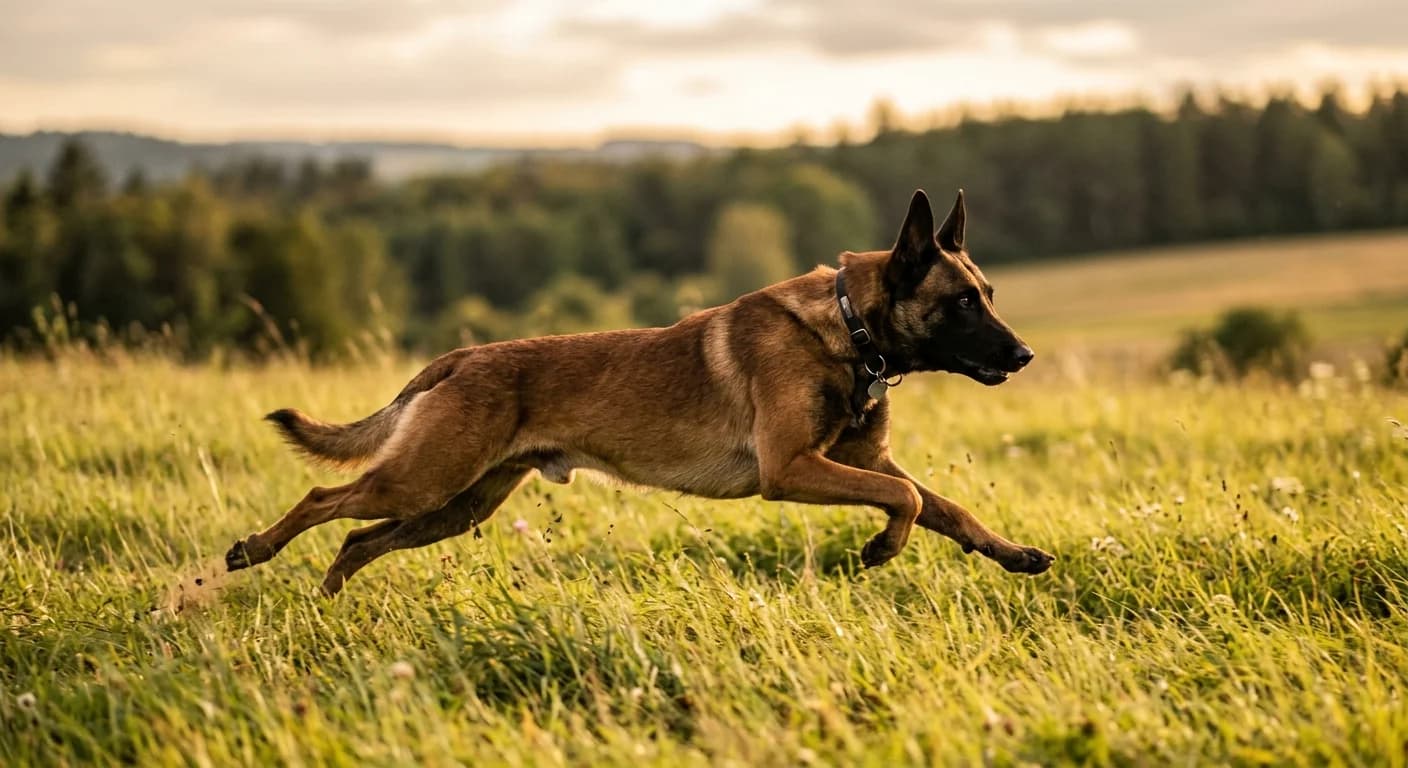 An adult Belgian Malinois in mid-sprint across an open grassy field