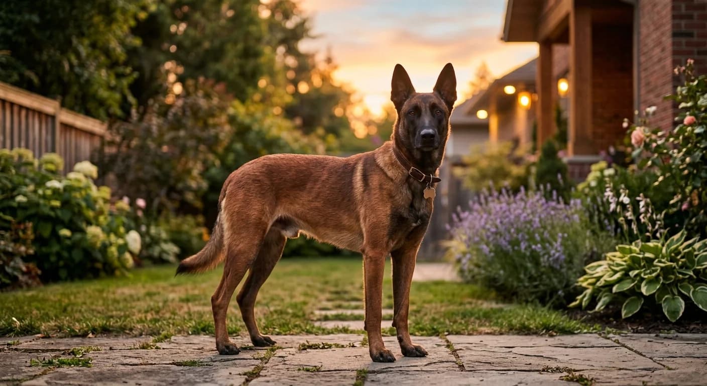 An adult Belgian Malinois standing in a backyard at sunset