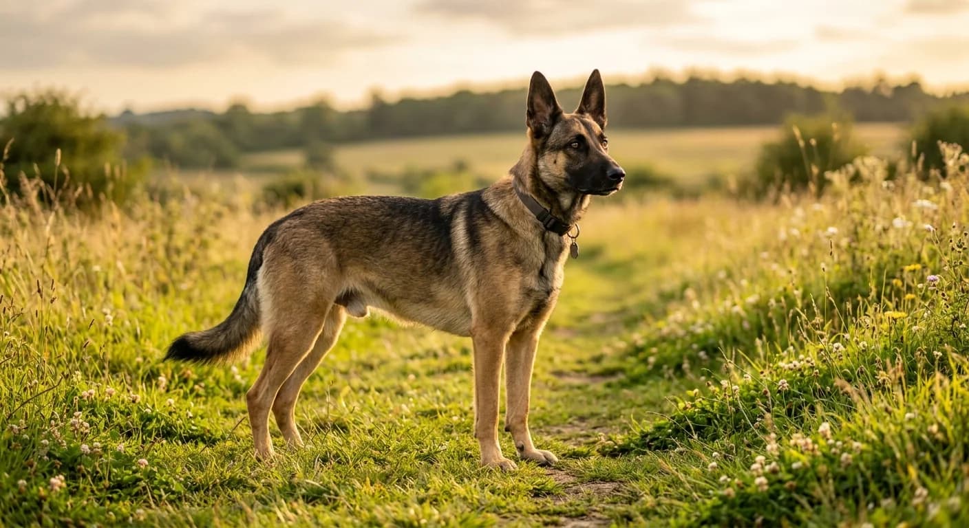 An adult Shepinois (Belgian Malinois German Shepherd mix) standing on a grassy field
