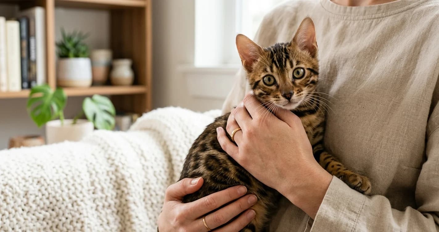 Bengal kitten approximately 10 weeks old held gently in hands in a modern home, illustrating the moment a buyer is making a Bengal cat purchase decision