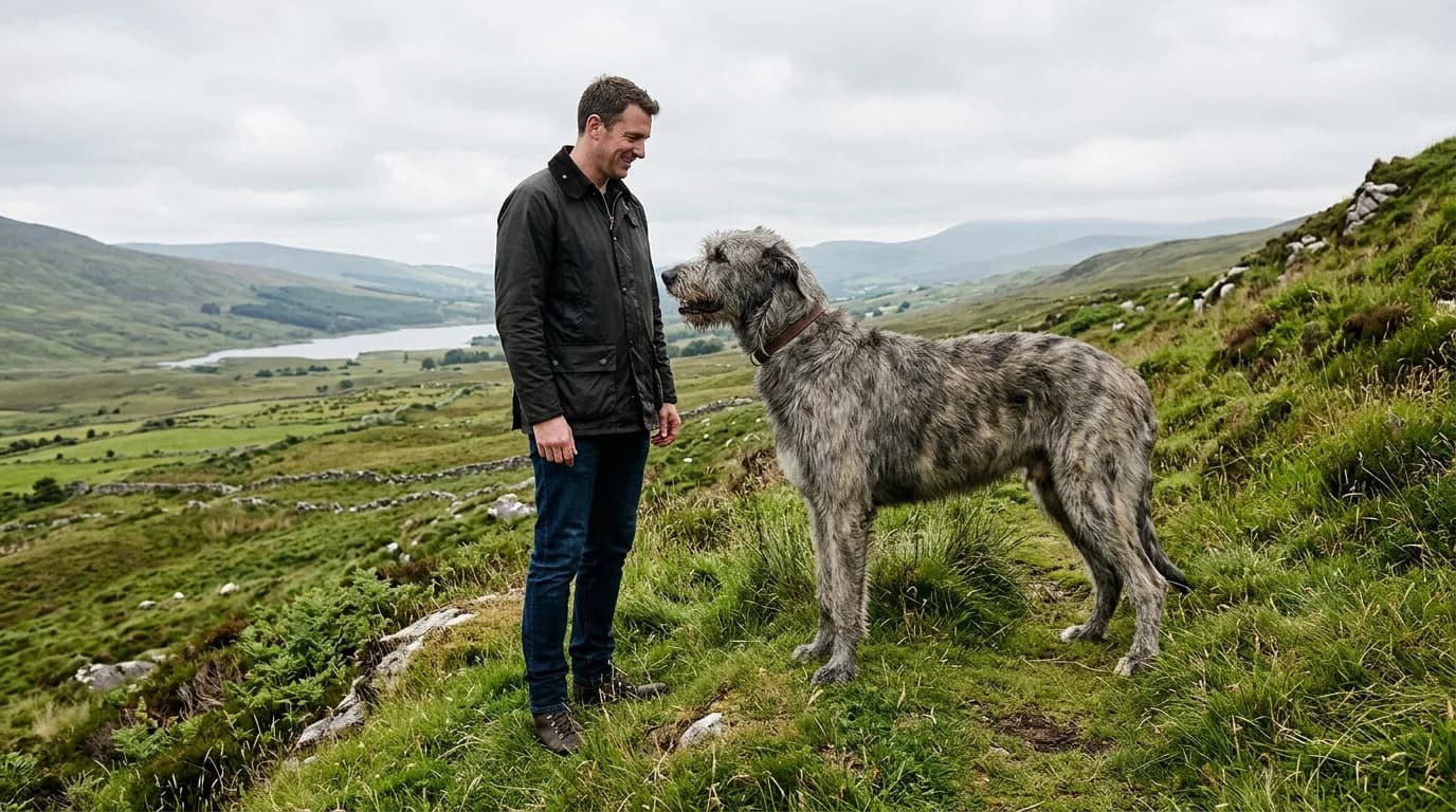 A massive Irish Wolfhound standing at full height on a grassy hillside beside its standing adult owner, the dog's head reaching the person's chest, overcas