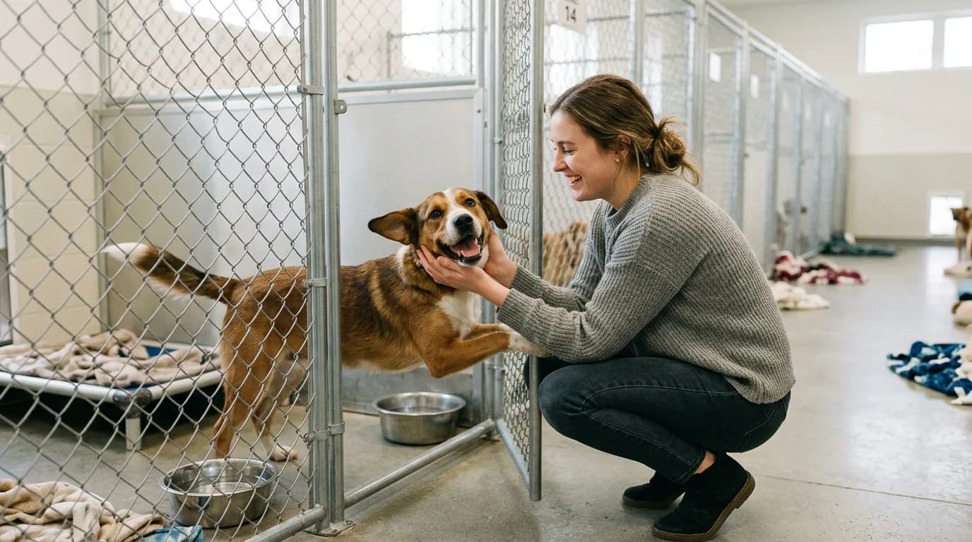 A smiling woman crouches to greet an excited brown-and-white shelter dog at an open kennel gate