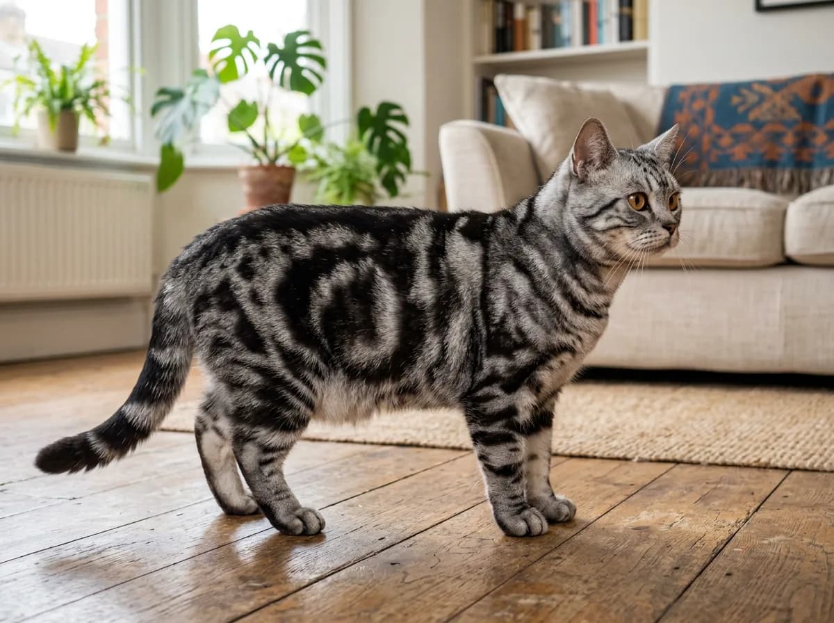 Silver classic tabby American Shorthair standing alert on a stone porch with a broad balanced body and round face visible