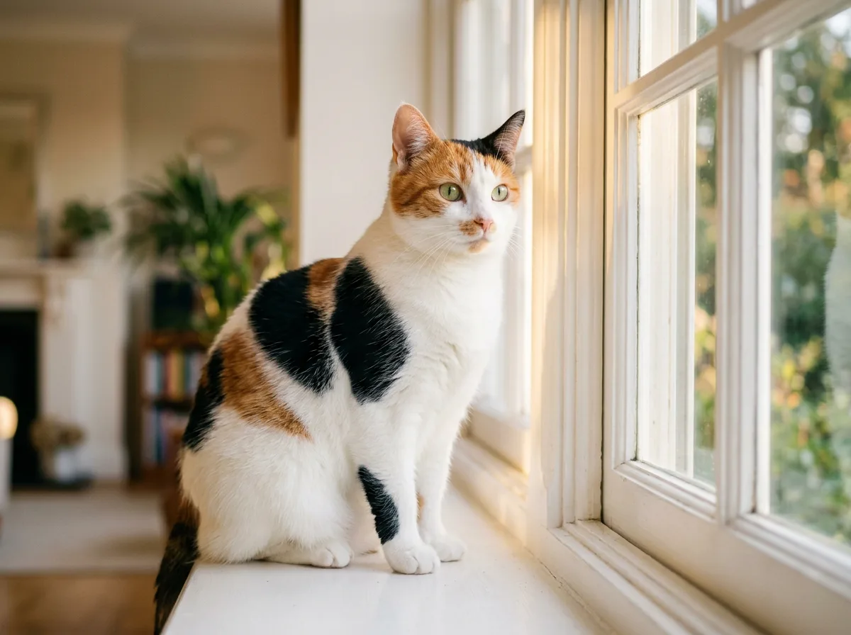 Calico cat with crisp orange and black patches on a bright white coat sitting upright on a windowsill in soft natural light