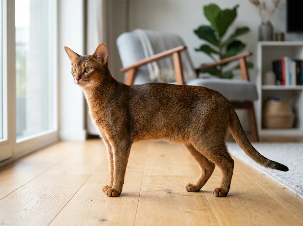 Athletic ruddy Abyssinian cat standing alert on a bright window perch in a lived-in home