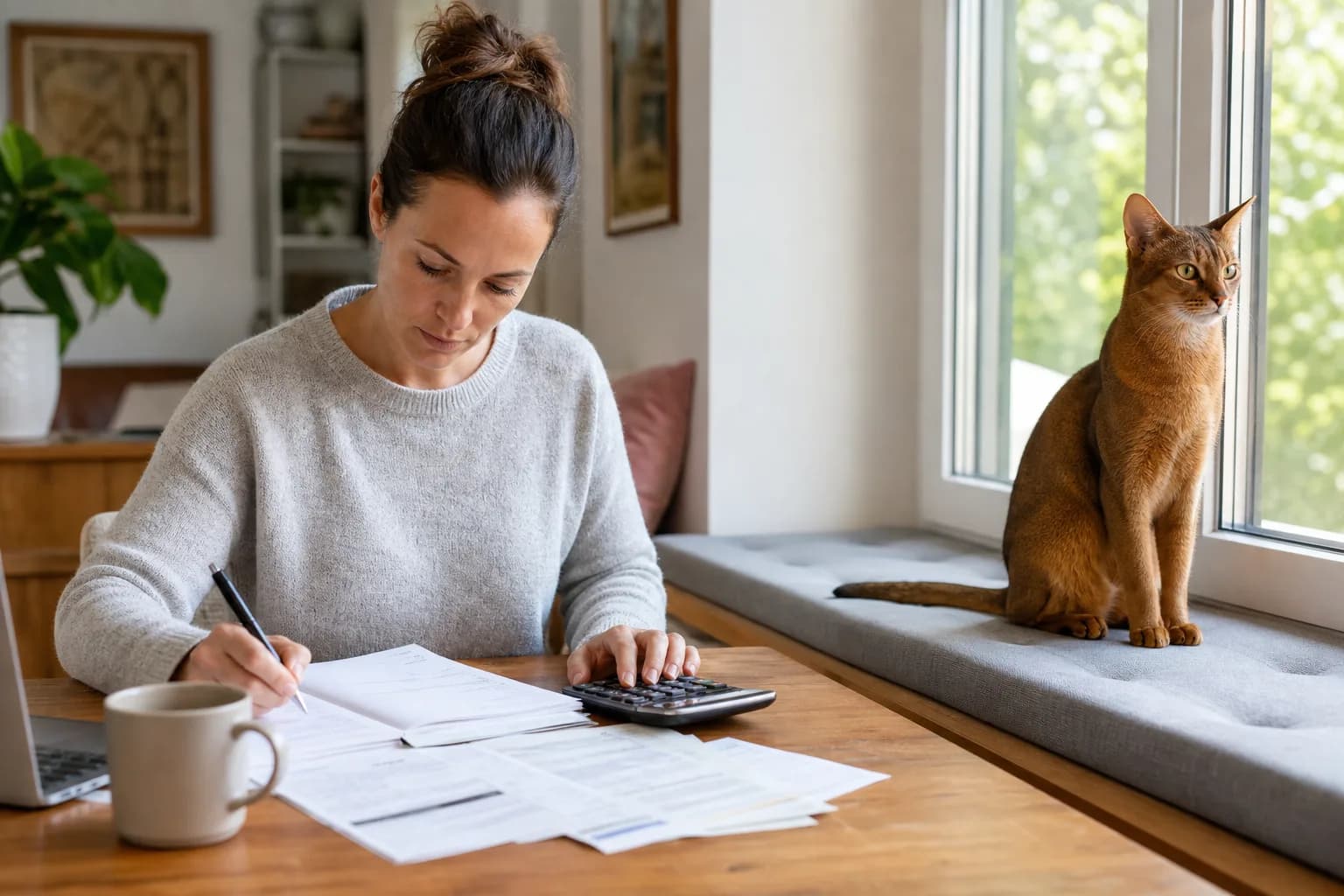 Prospective owner reviewing an itemized Abyssinian budget beside a calm ruddy cat