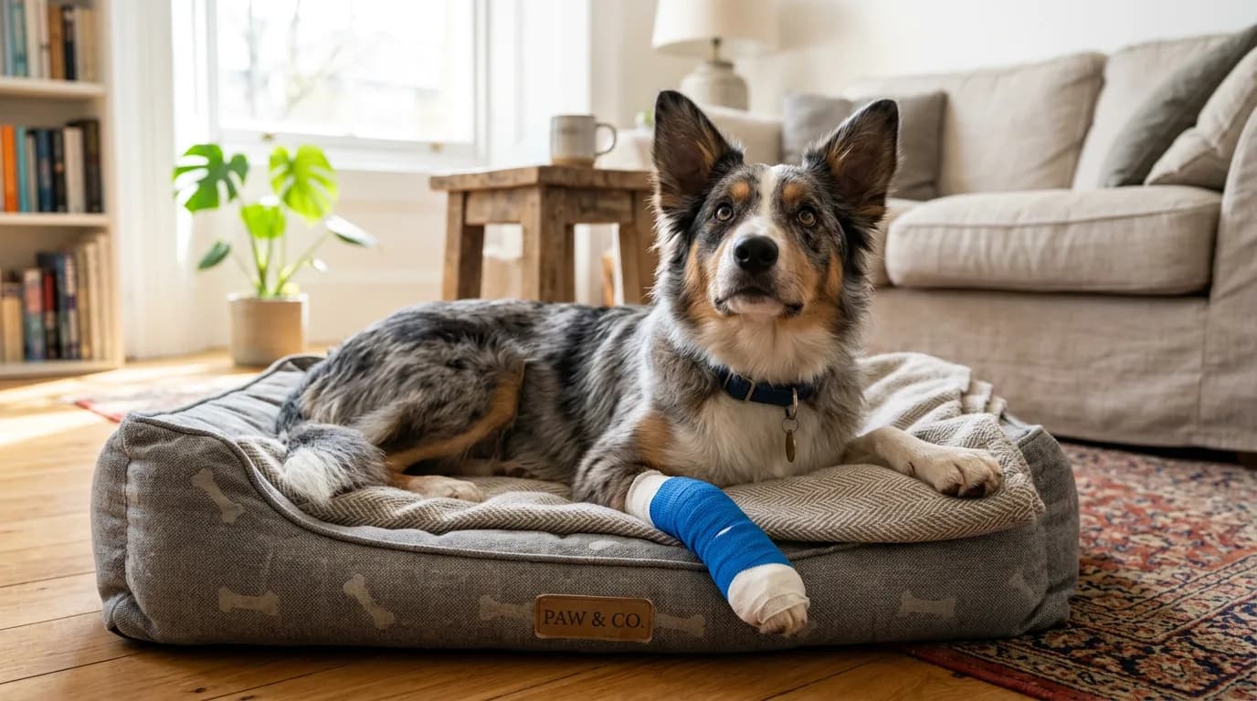 Young Border Collie with a bandaged front paw resting on a dog bed after an accident