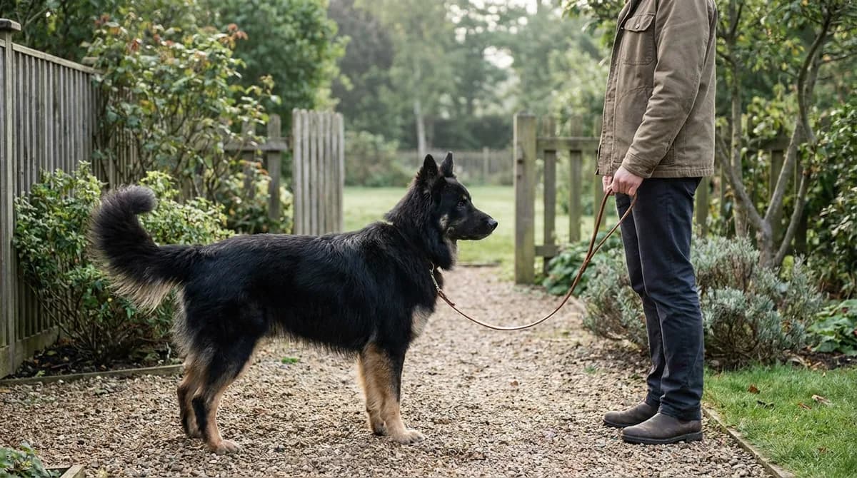 Black-and-tan dog standing beside a handler in a fenced garden.