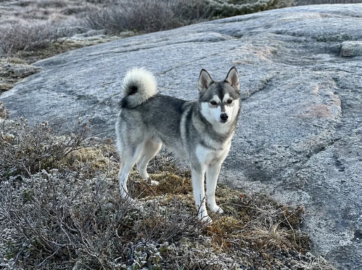 Gray-and-white Alaskan Klee Kai standing on frosty rock