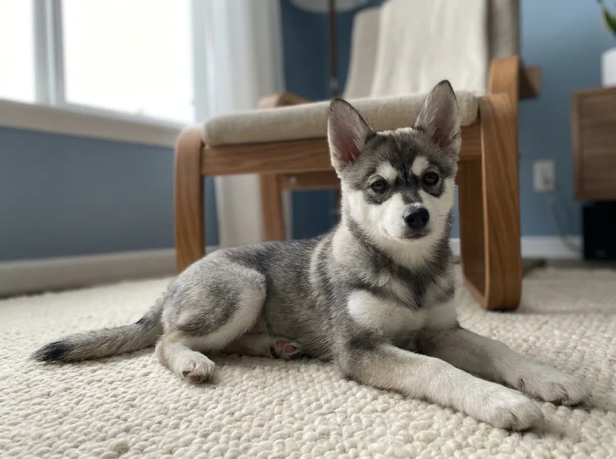 Gray-and-white Alaskan Klee Kai puppy resting on a rug