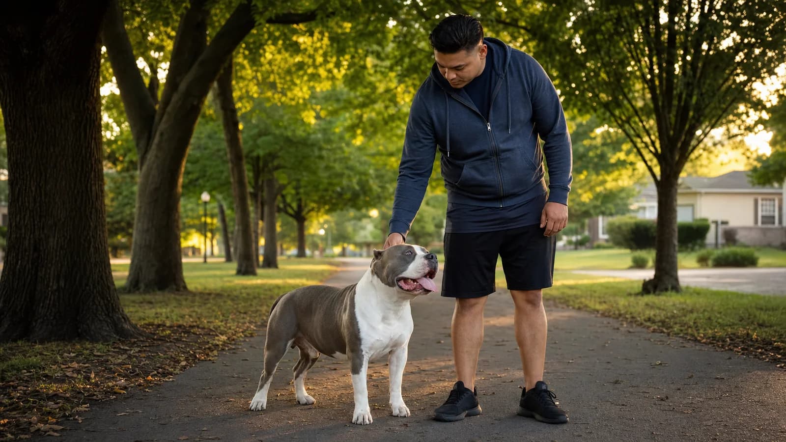 Structurally balanced adult Standard American Bully standing beside an owner in a neighborhood park
