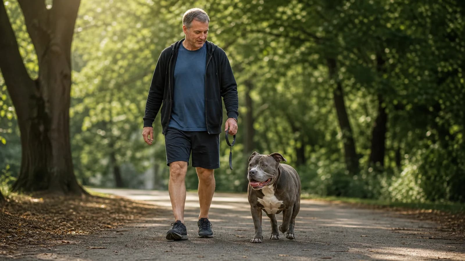 Healthy senior American Bully walking comfortably beside an owner on a shaded path