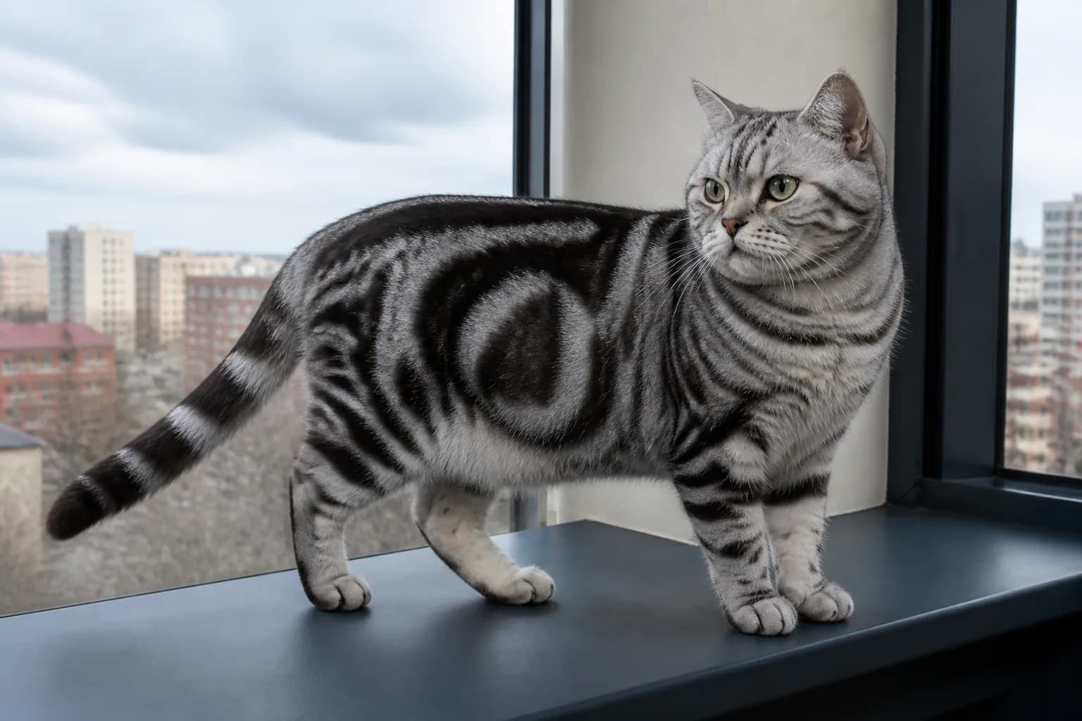 Silver classic tabby American Shorthair on a slate-blue window bench with crisp black swirls and a balanced body visible