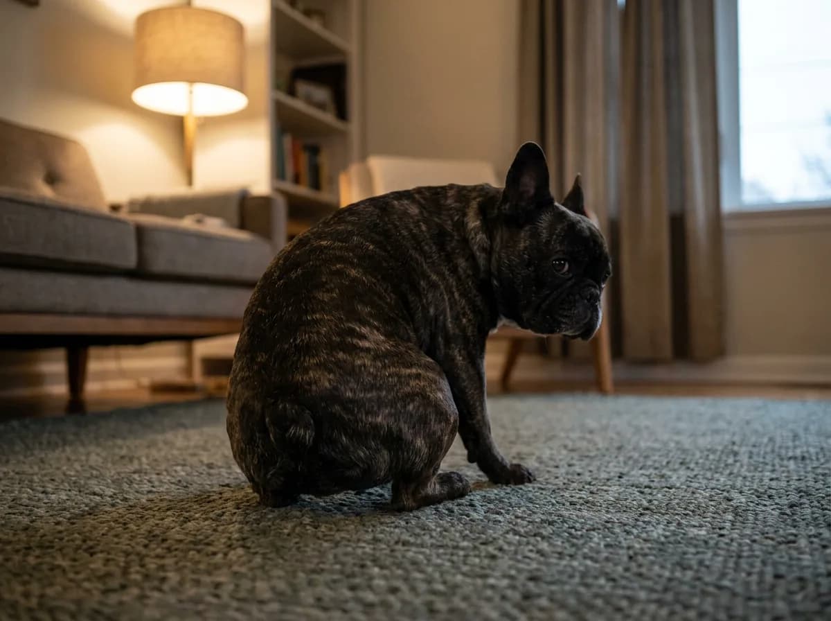 A brindle French bulldog sits on a gray-green woven rug in a lamp-lit living room and looks back over its shoulder toward its rear.