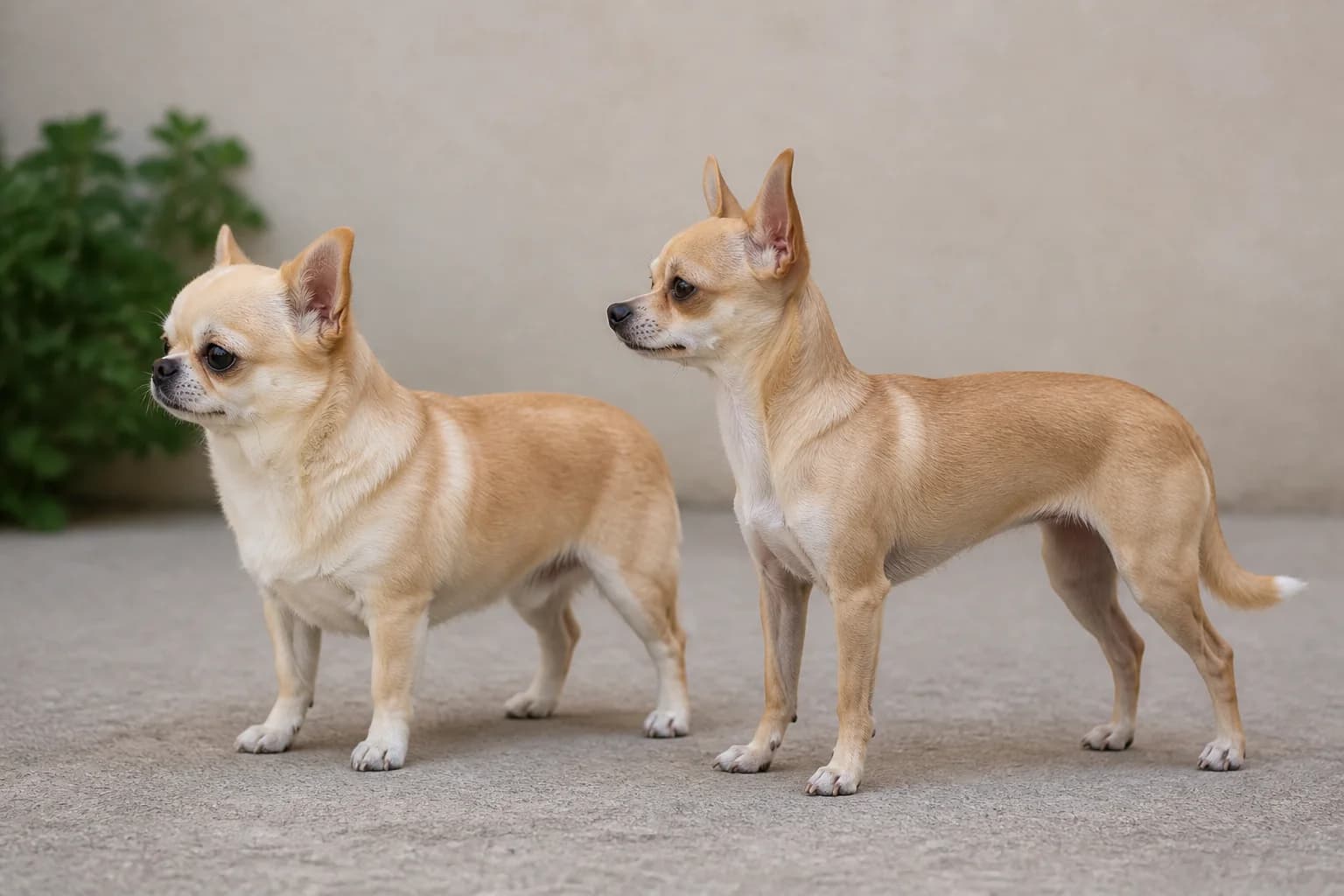 Adult apple-head Chihuahua and adult deer-head-type Chihuahua standing side by side in profile in neutral daylight