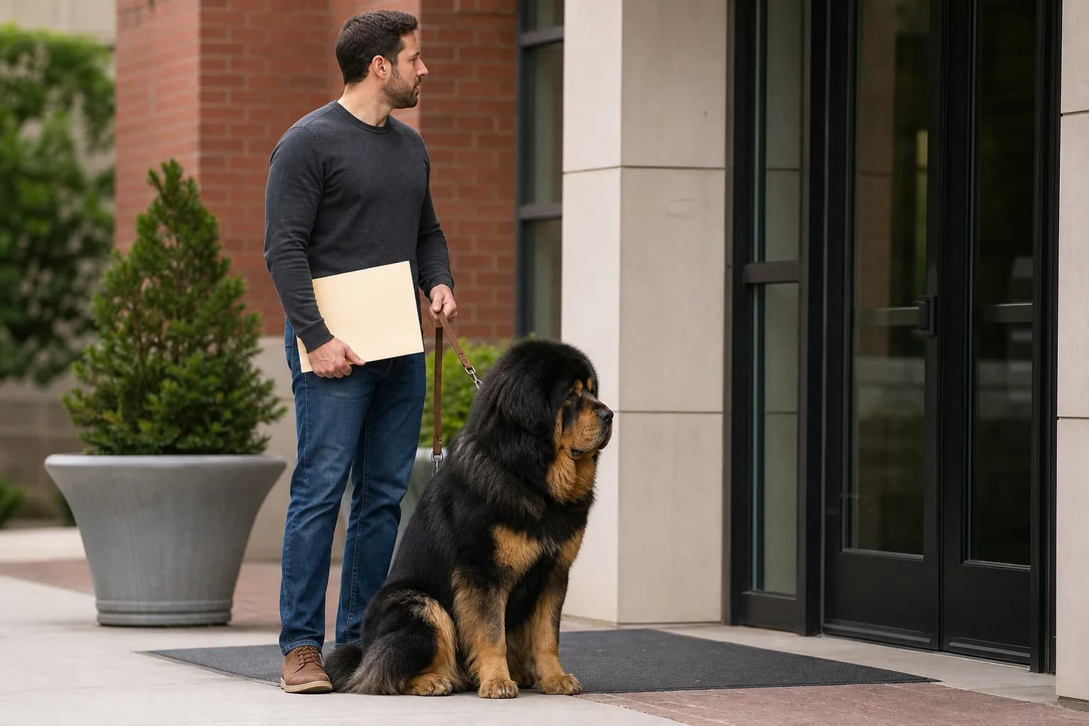 Owner holding a plain records folder beside a leashed Tibetan Mastiff outside an office building